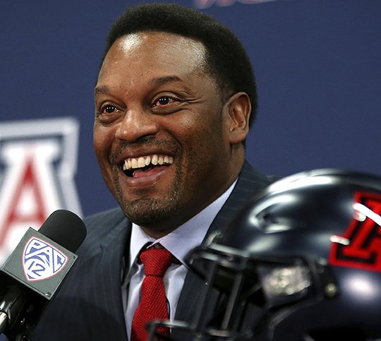 New University of Arizona Wildcats head football coach Kevin Sumlin speaks during his introductory press conference at the Lowell-Stevens Football Facility on Tuesday, Jan. 16, 2018, in Tucson, Ariz. Sumlin succeeds Rich Rodriguez, who was fired in December 2017. (Mike Christy/Arizona Daily Star via AP)