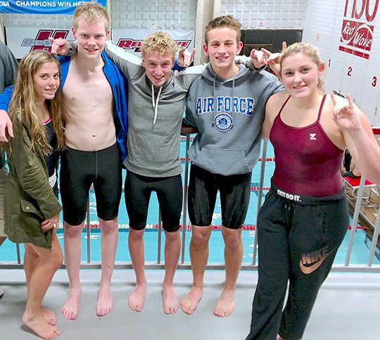 Submitted photo SWIMMING WOLVES: Lake Hamilton High School junior Noah Smith, center, recently qualified for two state events with his times during the Bryant Invitational. His fellow team members, from left, who competed were Kannyn Wasson, sophomore; Hunter Speas, junior; Lucas Amerson, senior; and Meredith Harrison, senior.