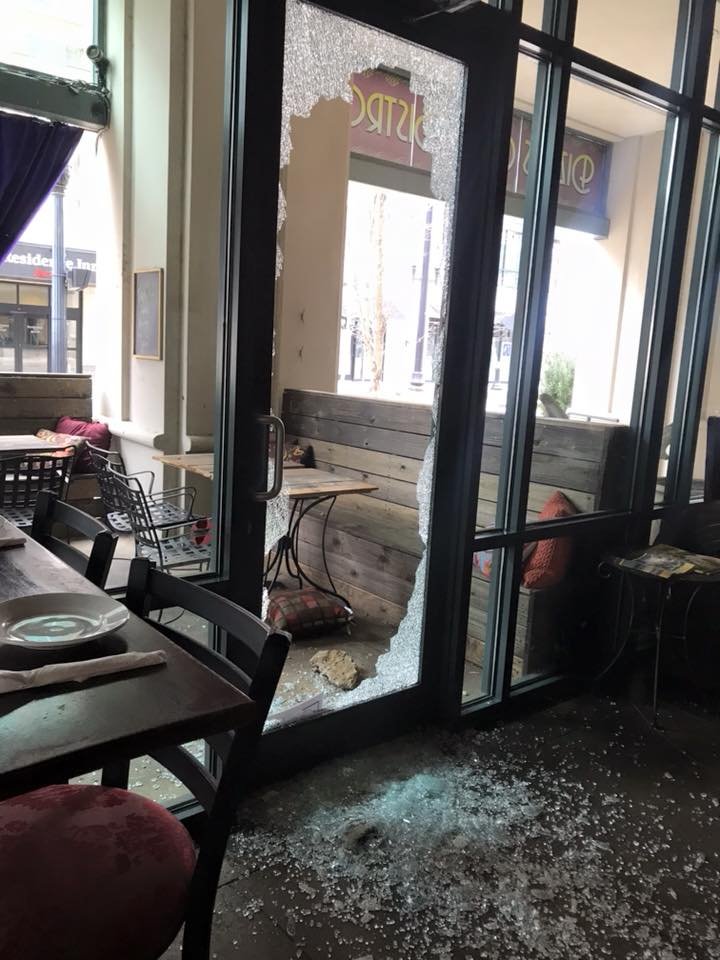 A glass door at Dizzy's Gypsy Bistro in downtown Little Rock was shattered in a break-in Thursday night, the restaurant said on Facebook.
