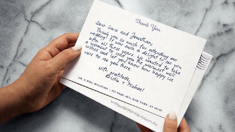 This undated image — provided by Bond — shows a wedding thank-you note created using the company’s robotic technology, which mimics handwriting.