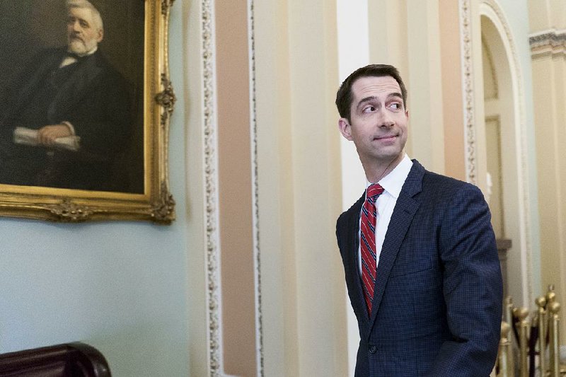 Sen. Tom Cotton (R-Ark.) at the Capitol in Washington, Jan. 19, 2018. The Senate is heading toward a showdown vote on Friday on legislation to keep the government open past midnight as Democrats appear ready to block it, gambling that President Donald Trump will offer concessions in the face of a crisis. (Erin Schaff/The New York Times)