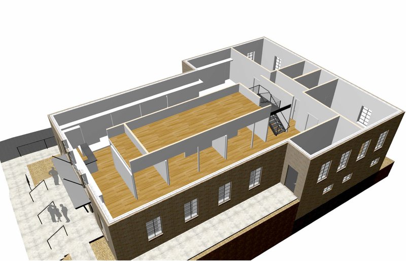 Architectural renderings by Matt Pearson illustrate plans to add an upper floor above the central part of the main floor of the Siloam Springs Museum. The additional space will be used for offices. The addition of the upper floor would free up space in the back of the museum to be used as a classroom.