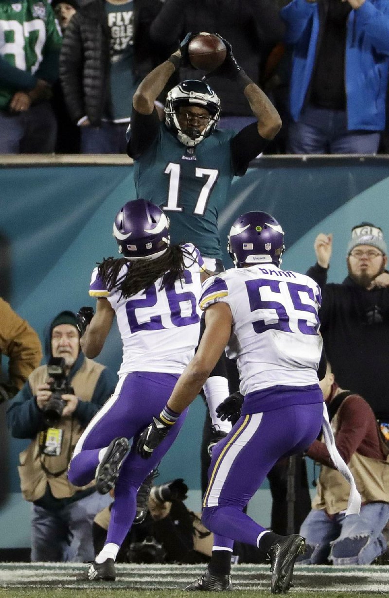 Philadelphia Eagles receiver Alshon Jeffery catches his second touchdown pass of the game during the second half of the NFC Championship Game on Sunday against the Minnesota Vikings. Jeffery finished with 5 catches for 85 yards and 2 touchdowns as the Eagles won 38-7.