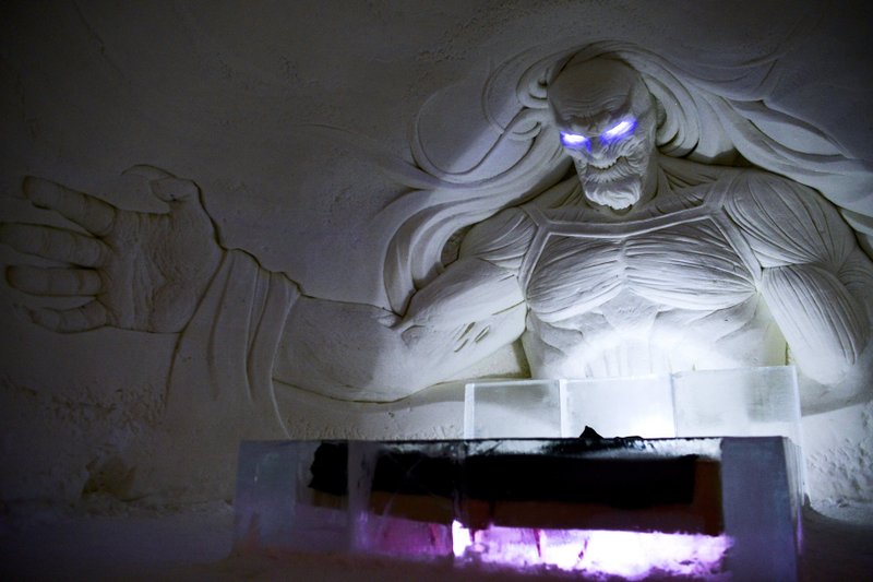 A large decoration is seen inside a Game of Thrones-themed ice hotel in Kittila Finnish Lapland on Sunday Jan. 14, 2018. A "Game of Thrones"-themed ice hotel complete with a bar and a chapel for weddings has opened in northern Finland in a joint effort by a local hotel chain and the U.S. producers of the hit TV series. Lapland Hotels said Friday they chose "Game of Thrones" to be the theme for this season's Snow Village, an annual ice-and-snow construction project covering 20,000 square meters (24,000 sq. yards) in Kittila, 150 kilometers (93 miles) above the Arctic Circle.(Aku H'yrynen/Lehtikuva via AP)