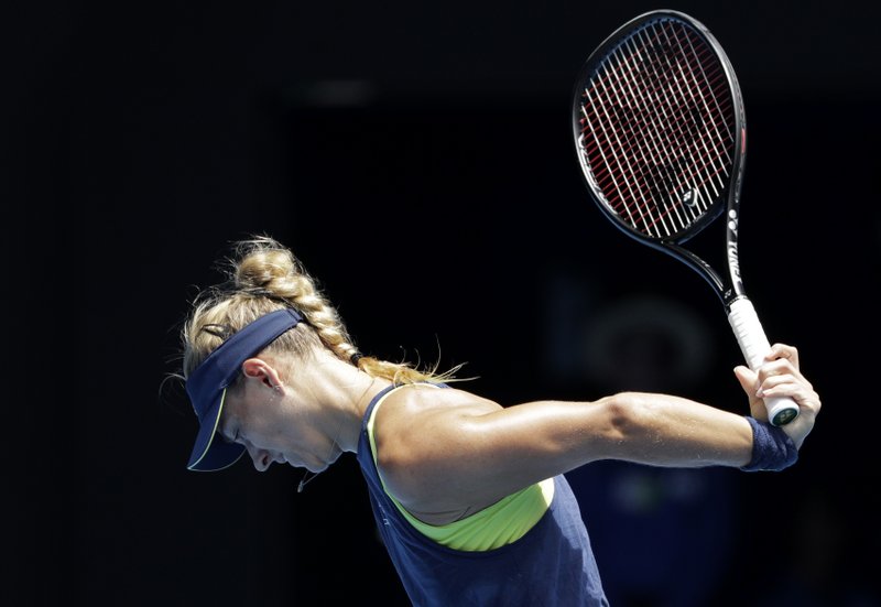 Germany's Angelique Kerber reacts after losing a point to Taiwan's Hsieh Su-wei during their fourth round match at the Australian Open tennis championships in Melbourne, Australia, Monday, Jan. 22, 2018. (AP Photo/Dita Alangkara)