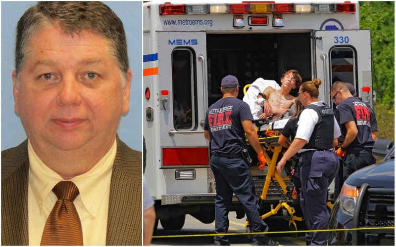 At left, Ralph Breshears is shown in a mug shot taken at the Pulaski County jail. The photo at right shows shoplifting and robbery suspect Rudy Avila being taken into an ambulance after being shot in west Little Rock on July 19. 