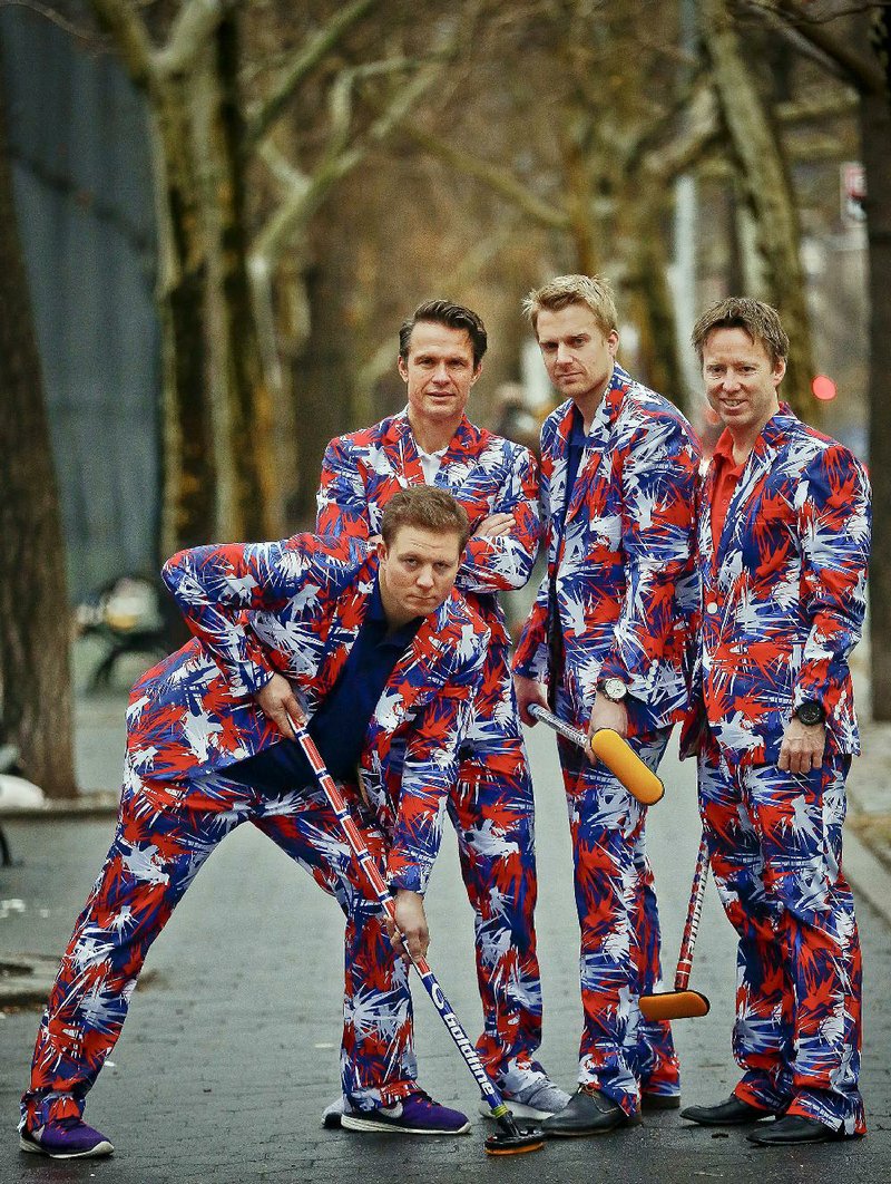 Members of the Norwegian men’s Olympic curling team — (from left) Christoffer Svae, Thomas Ulsrud, Haavard Peterson and Torger Nergaard — will wear brightly colored uniforms at the Winter Olympics that will generate attention regardless of their performance. 