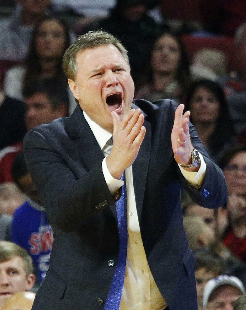 Kansas Coach Bill Self reacts to a call during the No. 5 Jayhawks’ loss to No. 12 Oklahoma on Tuesday night at Norman, Okla. 