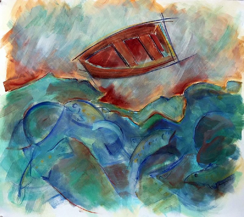 Nancy Wilson’s acrylic and pastel work Trout Balance hangs at Boswell Mourot Fine Art.  