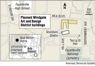 A map showing the location or the planned Windgate Art and Design District buildings