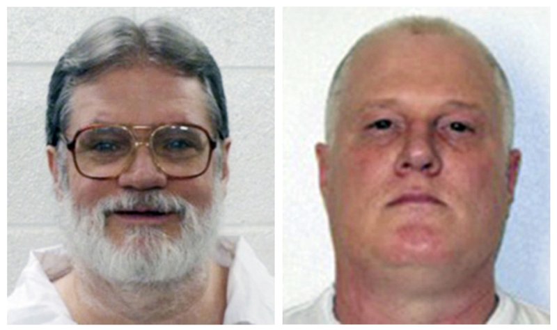 This combination of file photos provided by the Arkansas Department of Correction shows death-row inmates Bruce Earl Ward, left, and Don William Davis. Arkansas intended to kill Ward and Davis in a double-execution last April, but the men won stays after claiming independent psychiatrists should have reviewed their files and helped develop trial strategies. At the state Supreme Court on Thursday, lawyers for the state said the pair never met the threshold that would have required the assistance. (Arkansas Department of Correction via AP, File)
