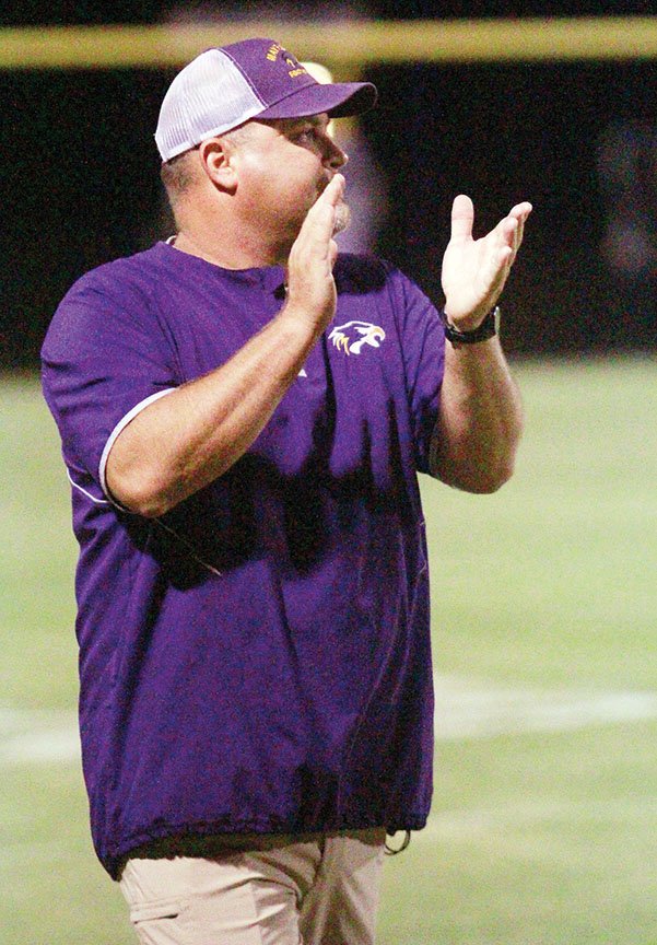 Mayflower head football coach Todd Langrell applauds a play during his team’s win over Rose Bud during the 2017 season. Langrell, who was recently hired as the Vilonia Eagles head coach, is the 2017 River Valley & Ozark Edition Coach of the Year. 