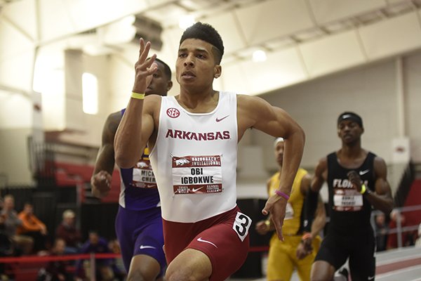 Arkansas runner Obi Igbokwe competes during the Razorback Invitational on Saturday, Jan. 28, 2017, in Fayetteville. 