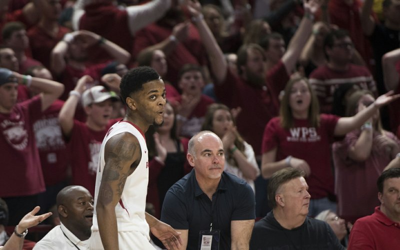 Arkansas Razorbacks guard Daryl Macon (4) reacts following a play during a basketball game, Saturday, January 27, 2018 at Bud Walton Arena in Fayetteville. Arkansas Razorbacks beat the Oklahoma State Cowboys 66-65.