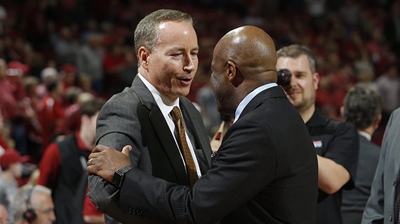 Arkansas coach Mike Anderson and Texas A&M coach Billy Kennedy shake hands prior to a game on Wednesday, Feb. 22, 2017, at Bud Walton Arena in Fayetteville.