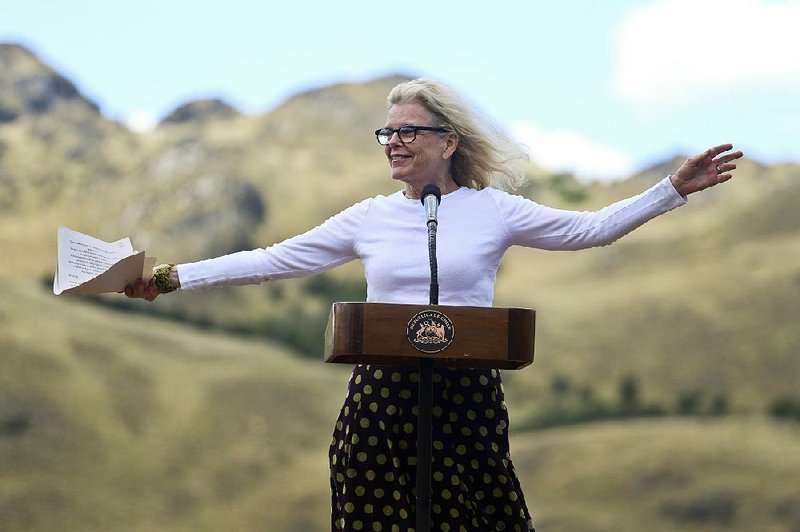 Kristine McDivitt Tompkins, widow of the late American conservationist Doug Tompkins, speaks at a ceremony in Chile’s Patagonia Park on Monday to mark the donation of vast tracts of land for national parks.