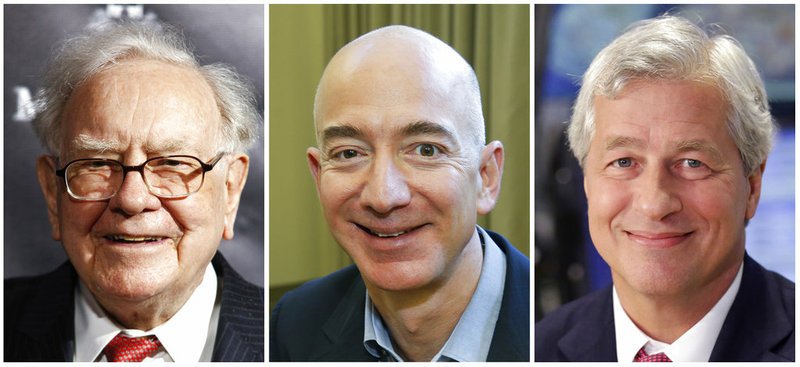 This combination of photos from left shows Warren Buffett on Sept. 19, 2017, in New York, Jeff Bezos, CEO of Amazon.com, on Sept. 24, 2013, in Seattle and JP Morgan Chase Chairman and CEO Jamie Dimon on July 12, 2013, in New York. 