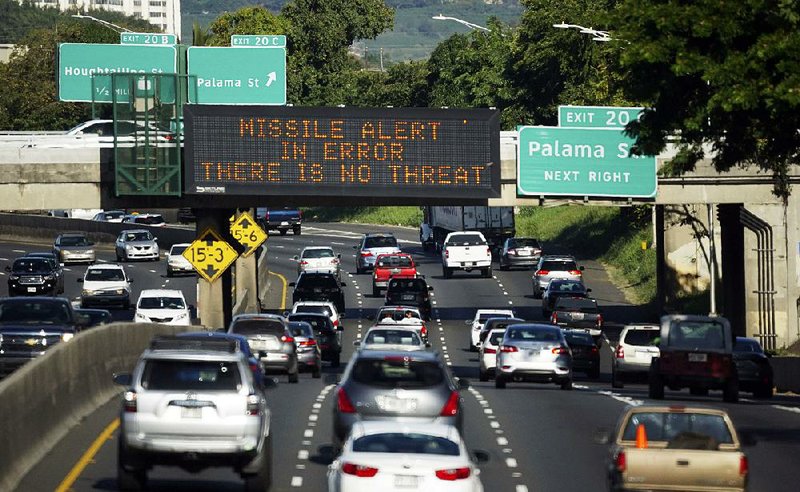 Drivers on the H-1 Freeway in Honolulu are advised Jan. 13 that a warning earlier that day about a ballistic missile heading their way was incorrect. 
