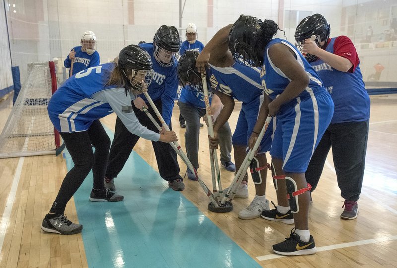 NWA Democrat-Gazette/SPENCER TIREY Special Olympic athletes from the Arkansas School for the Death and Conway Arkansas compete in floor hockey, Friday, Feb. 2, 2018, at the Jones Center in Springdale. The athletes participated in the states winter games that comprised of floor hockey and speed skating. 