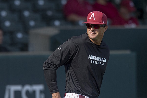 Arkansas hitting coach Nate Thompson watches practice Wednesday, Oct. 11, 2017, in Fayetteville. 