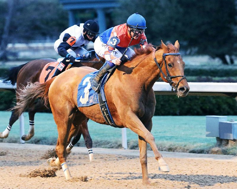 David Cabrera rides Wilbo to a 2-length victory over Ivan Fallunovalot in the King Cotton Stakes on Saturday at Oaklawn Park in Hot Springs. Wilbo’s winning time in the 6-furlong race was 1:09.85 and paid $10 to win, $3.80 to place and $2.60 to show.