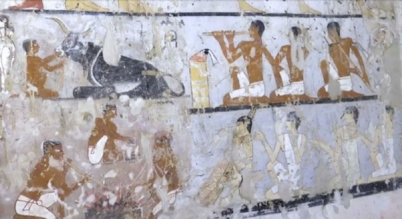 Paintings decorate a wall of a 4,400-year-old tomb outside Cairo that archaeologists say likely belonged to a woman known as Hetpet, a figure previously known in Egyptian antiquity but whose mummy has yet to be discovered. 