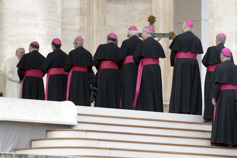 Bishops line up to greet Pope Francis during his weekly general audience, in St. Peter's Square, at the Vatican, Wednesday, Jan. 31, 2018. (AP Photo/Andrew Medichini)