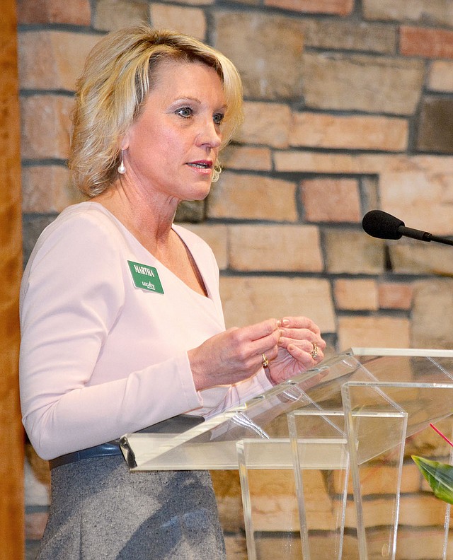  Janelle Jessen/Siloam Sunday Martha Londagin, vice president of SBA/commercial lending for Legacy National Bank, was the featured speaker at the 88th annual Chamber of Commerce Banquet on Thursday night.