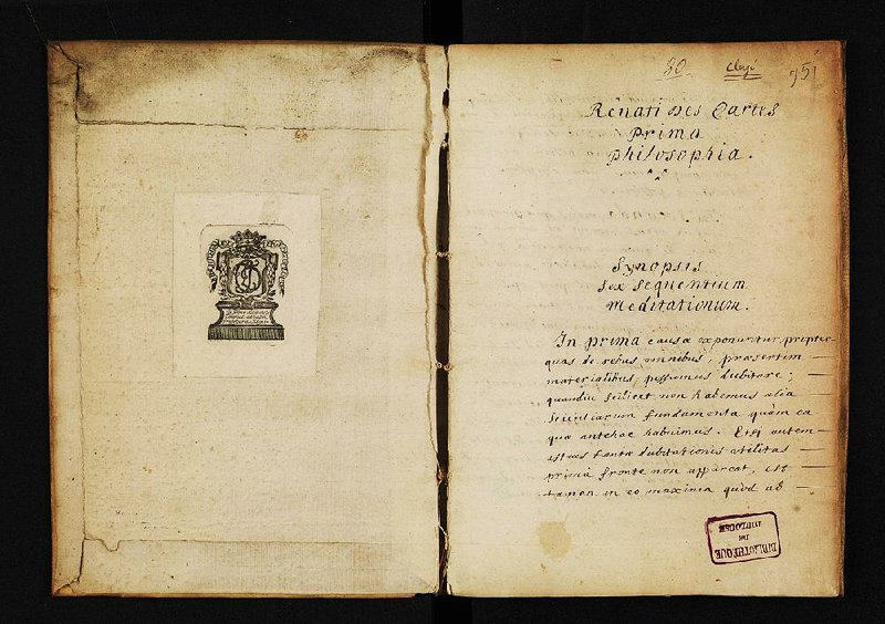 Scans are shown from a draft of Rene Descartes’ Meditations on First Philosophy. The draft predates the 1641 printed edition.