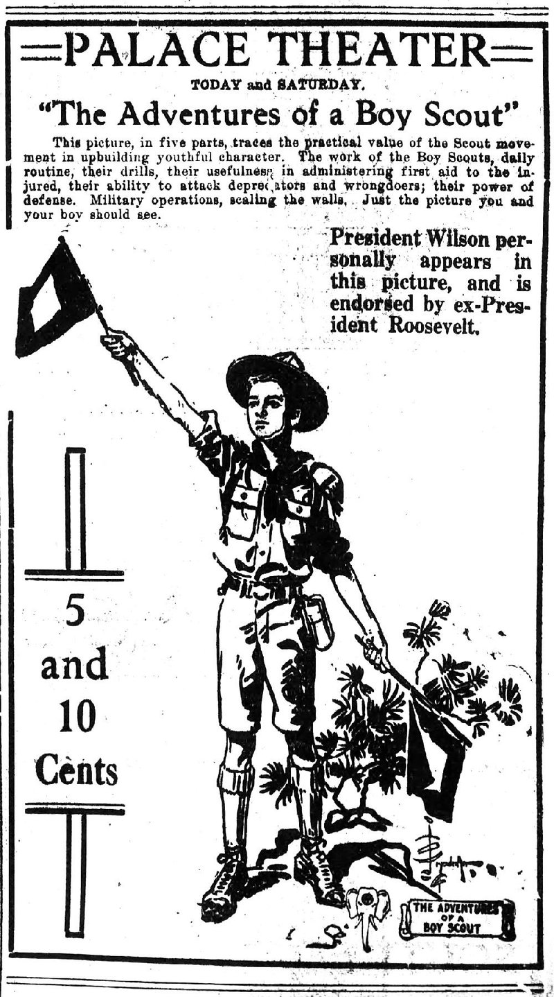 This ad from the Feb. 19, 1915, Arkansas Democrat touts a Boy Scout recruitment film playing in Little Rock.
