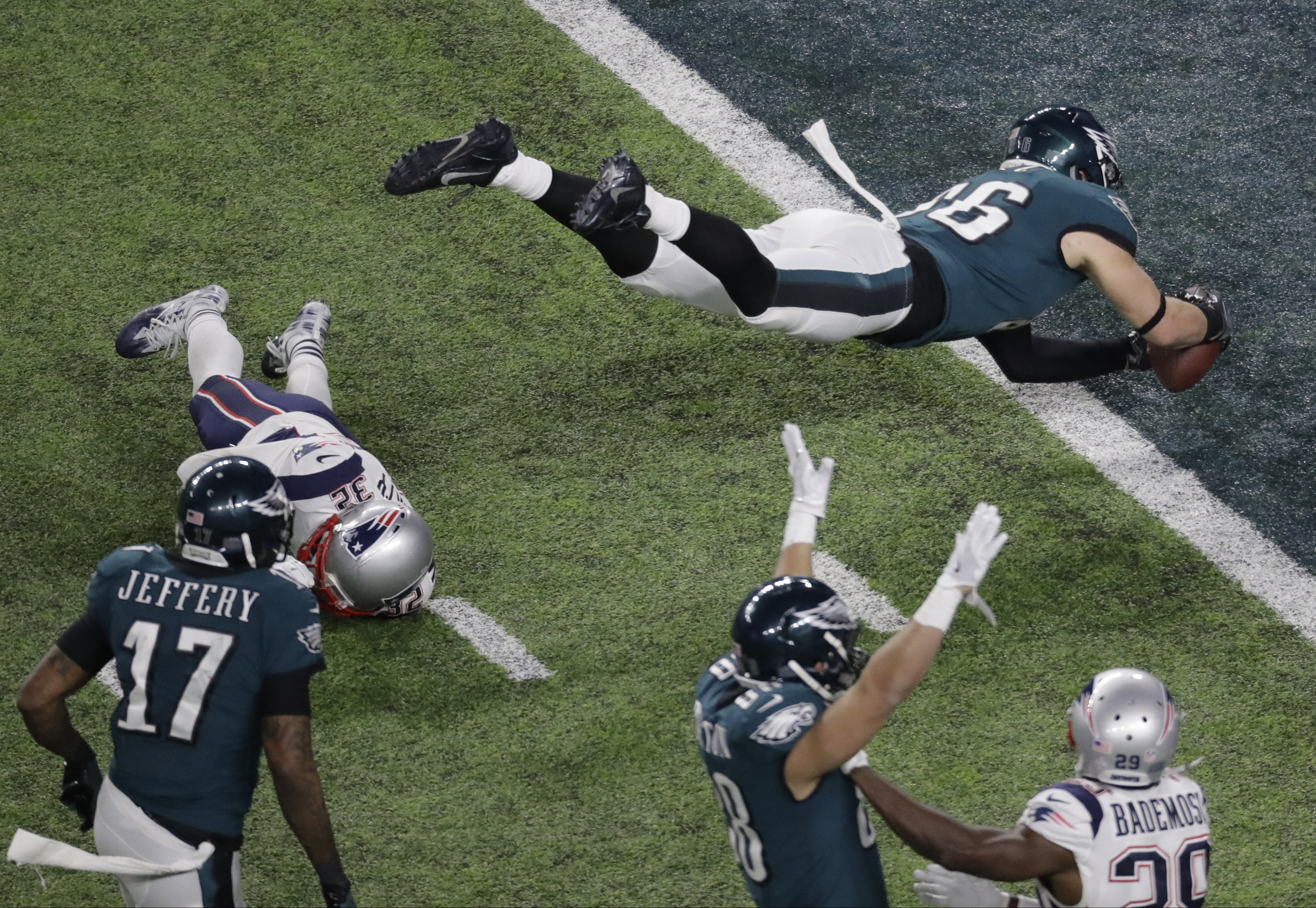 Philadelphia Eagles' Brandon Graham holds up the Vince Lombardi