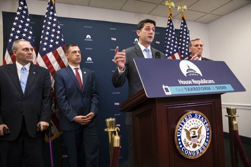 From left, House Majority Whip Steve Scalise, R-La., Rep. Jim Banks, R-Ind., Speaker of the House Paul Ryan, R-Wis., speaking, and Majority Leader Kevin McCarthy, R-Calif., right, meet with reporters following a closed-door GOP strategy session at the Capitol in Washington, Tuesday, Feb. 6, 2018. The GOP-controlled House is slated Tuesday to pass a plan to keep the government open for six more weeks while Washington grapples with a potential follow-up budget pact and, perhaps, immigration legislation. 