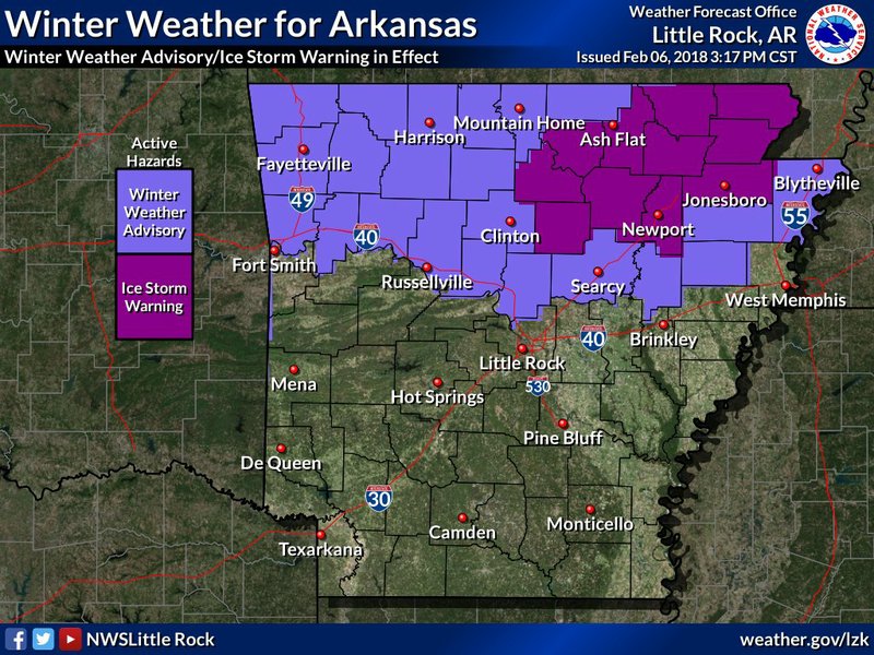 Northern Arkansas is forecast to receive potentially hazardous ice accumulation Tuesday and into early Wednesday, according to the National Weather Service.