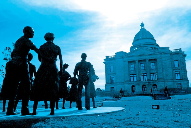 Artist John Deering’s bronze monument titled “Testament” stands on the grounds of the state Capitol.