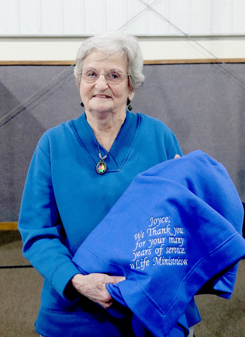 LYNN KUTTER ENTERPRISE-LEADER LIFE Ministries honored Joyce Cooksey, who has volunteered 25 years with the non-profit organization in Prairie Grove. She is retiring as an active volunteer but will still serve on the Board of Directors.