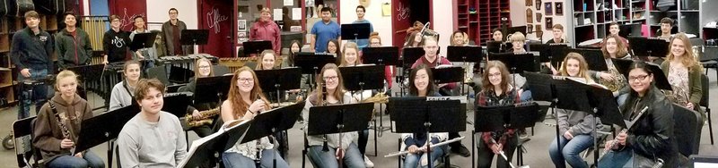 SUBMITTED The Gentry Wind Ensemble will perform at the Arkansas All-State Convention Arena on Feb. 15. Essemble members include Maximus Eckart (front, left), Autumn Veile, Bailey Harrington, Cha Chi Vang, Madison Ruth, Katelyn Brinkley, Edlin Reyez, Madison Whitehead (row two, left), Falyn Cordeiro, Kamrey Swinney, Natalee Easley, Megan McCollum, Tim Swearingen, Jacob Long, Jacob Skaggs, Courtney McCollum, Iuaiyou Vang (row three, left), Erin Her, Amanda Smith, Jaden Lothes, Vince Rajsombath, Brian Davis, Parker McCollum, Holden Wills, Joshua Harris, Dylan Cedotal (row four, left), Christian Davis, Richard Calico, Adam Lee, Andrew Reynos, Garrett Brown, Nicholas Vang, Christian Reynoso, and (not pictured) Autumn Broglen, Katlyn Adams and Paige Wood.