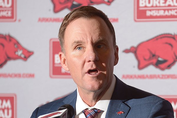Arkansas coach Chad Morris speaks to reporters during a news conference Wednesday, Feb. 7, 2018, in Fayetteville.