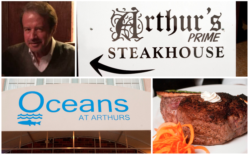 Restaurateur Jerry Barakat, top left, is shown beside signs for Arthur’s Prime Steakhouse and Oceans at Arthur’s and the bone-in filet at Arthur's in these file photos.
