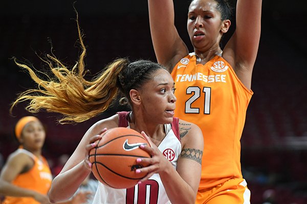 Arkansas' Kiara Williams tries to get past Tennessee's Mercedes Russell during a game Thursday, Feb. 8, 2018, in Fayetteville. 