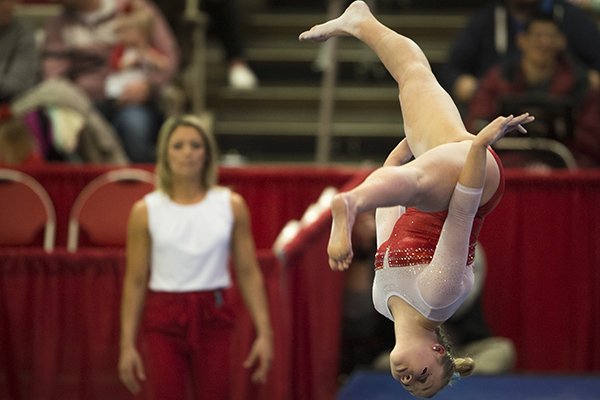 Arkansas gymnast Sydney Laird performs on the beam during a meet against Georgia on Friday, Jan. 26, 2018, at Barnhill Arena in Fayetteville. 