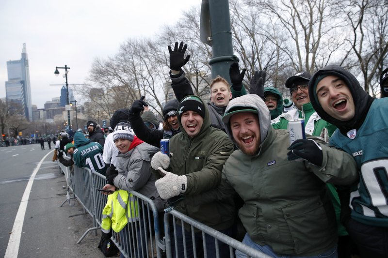 Fans line Benjamin Franklin Parkway before a Super Bowl victory parade for the Philadelphia Eagles NFL football team, Thursday, Feb. 8, 2018, in Philadelphia. The Eagles beat the New England Patriots 41-33 in Super Bowl 52. 