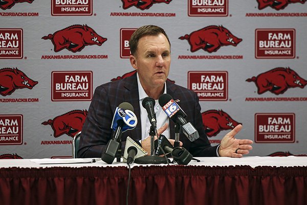 Arkansas football coach Chad Morris talks to reporters during a news conference Thursday, Feb. 8, 2018, in North Little Rock. 