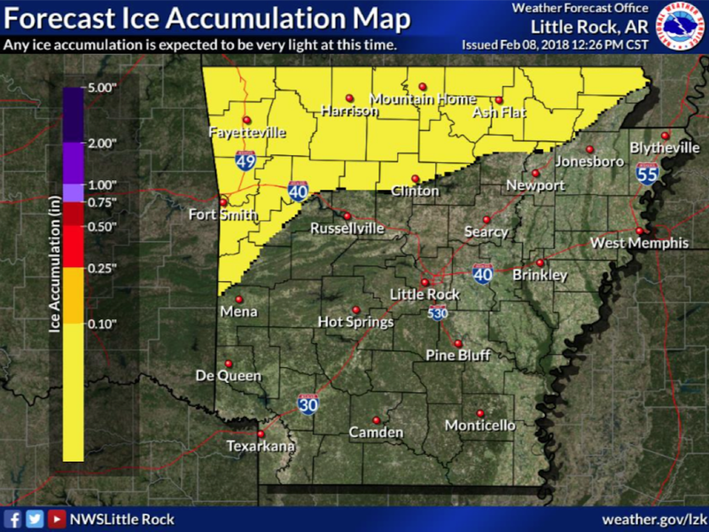 Light ice is forecast in northern Arkansas Saturday night and into Sunday morning across much of northern Arkansas, meteorologists said.