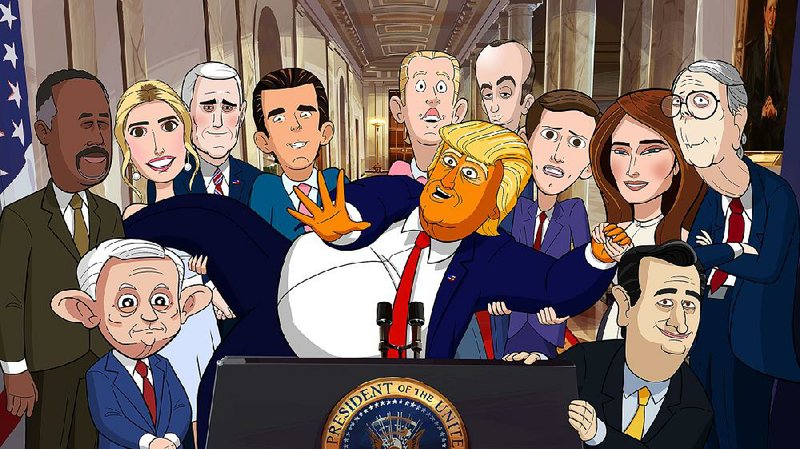 President Donald Trump (center) is surrounded by the characters of Showtime’s new Our Cartoon President. They are (from left) Ben  Carson, Jeff Sessions, Ivanka Trump, Mike Pence, Donald Trump Jr., Eric Trump, Stephen Miller, Jared Kushner, Melania Trump, Ted  Cruz and Mitch McConnell.