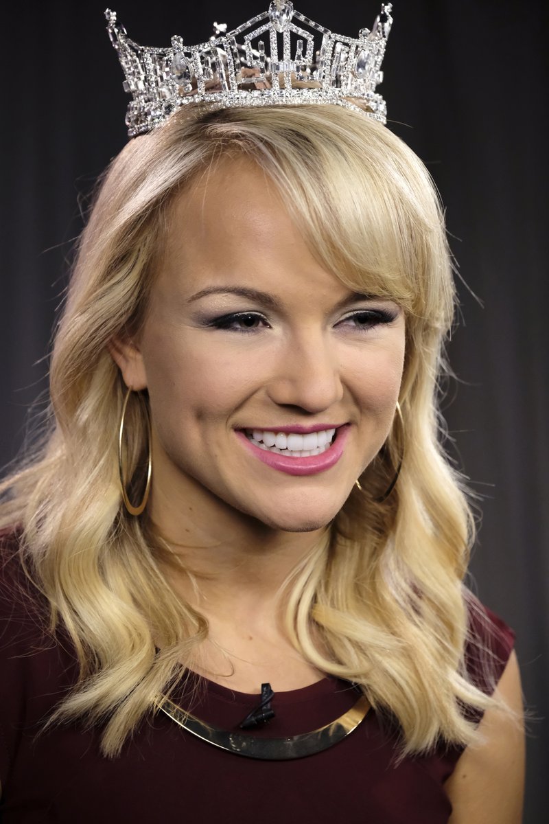 In this September 2016 file photo, Miss America Savvy Shields, a University of Arkansas art major, speaks during an interview in Los Angeles. After an Arkansas politician criticized a billboard promoting the University's dance program and said schools should promote other skills, Shields said the state needs entertainers and engineers. (AP Photo/Richard Vogel, File)
