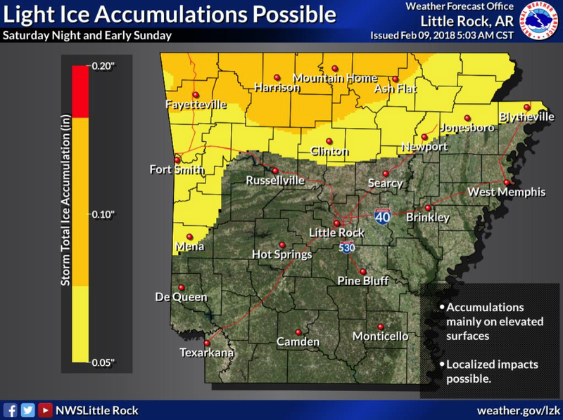 Light freezing rain could result in slick roads for parts of Arkansas this weekend, according to the National Weather Service in North Little Rock.