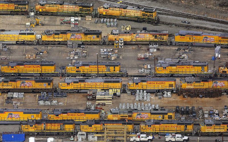 FILE — Union Pacific diesel locomotives are lined up in different stages of repair at Union Pacific Railroad's Jenks Shop heavy locomotive repair facility in North Little Rock in this Feb. 9, 2018 file photo.