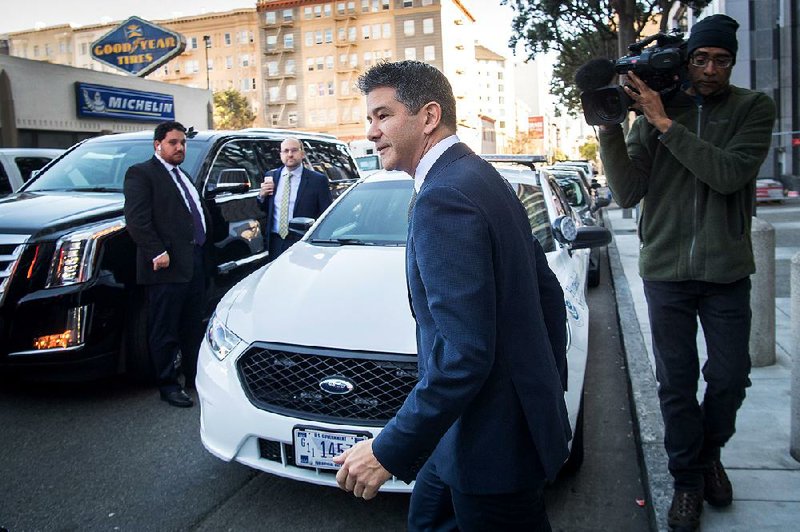 Travis Kalanick, co-founder and former chief executive officer of Uber Technologies, leaves the federal courthouse in San Francisco on Wednesday after his testimony in Waymo’s suit over self-driving technology.