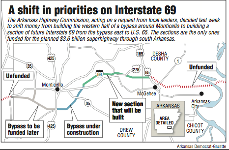 A map showing A shift in priorities on Interstate 69