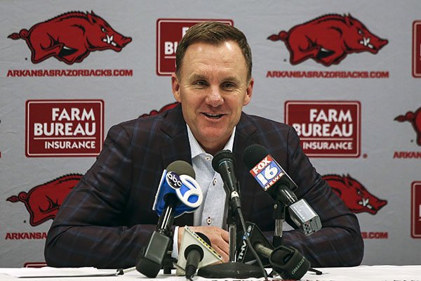 Arkansas coach Chad Morris speaks to reporters during a news conference Thursday, Feb. 8, 2018, in North Little Rock. 